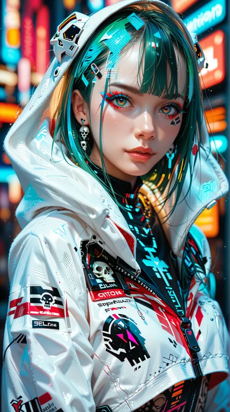 A dark fantasy illustration ， shows a highly stylized and vibrant digital art ， with a futuristic cyberpunk aesthetic 。  character wearing a white hoodie with delicate black patterns and a skull pattern， with a faint glow emanating from a futuristic air ho...