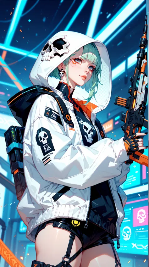 A dark fantasy illustration ， shows a highly stylized and vibrant digital art ， with a futuristic cyberpunk aesthetic 。  character wearing a white hoodie with delicate black patterns and a skull pattern， with a faint glow emanating from a futuristic air ho...