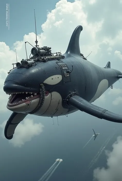 a gigantic orca whale with a Huge 2 stroke engine, a EXTREMELY LARGE V8 BLOWER ENGINE and a Motorcycle Engine on the very top front of the whale and on the very front of the whale’s nose with a EXTREMELY massively LARGE Spinning ROTARY PROPELLER ENGINE SPI...