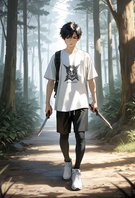 Masterpiece, newest, vibrant, very aesthetic, high contrast, boys, gusion paxley, short spiky black hair, black eye, white t-shirt and black short pants, white sneakers, tall eighteen cm, full body, holding dagger in left hand, forest, best quality, semrea...