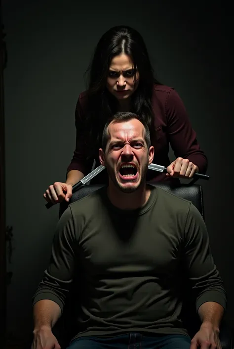 Angry man Don't scream with teary eyes sitting on a chair behind him a girl threatens him with a knife to his neck