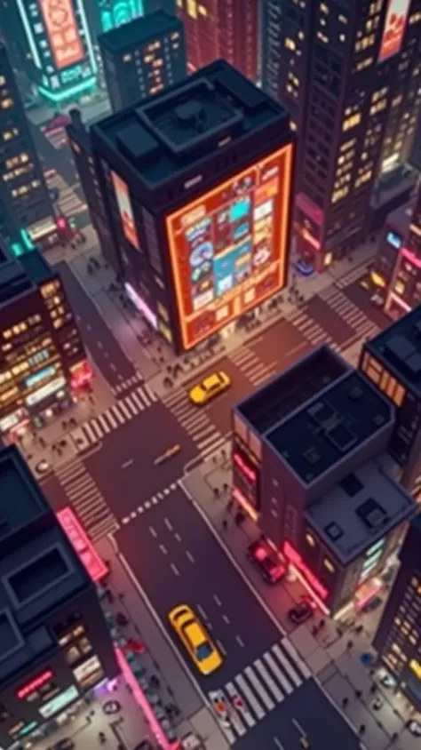 ((Top View: 1.3, Cyberpunk: 1.2, Street: 1.1), 2D Game Style, Pixel Art Style, Transparency, Powerful Colors, Advertising Lights, Roads and Cars Lively, Unique Charm! )