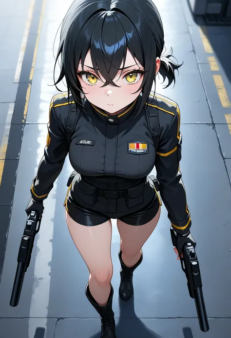 (NSFW, masterpiece, best quality, amazing quality, very aesthetic, (detailed eyes), cinematografic\), ((secret laboratory)), 1girl \(Black hair, short hair, crossed bangs, short Ponytail, PDI agent, yellow eyes, medium breasts, black jacket, black shorts, ...