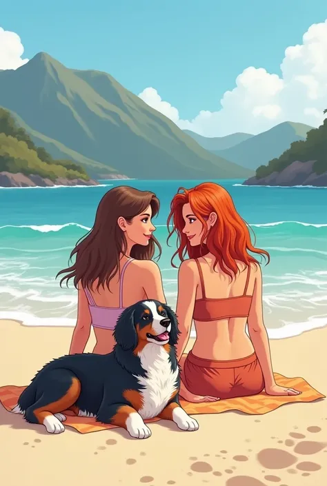  I need you to create an image of a couple cartoon mode without exaggeration of two women,  a wavy brown movie and the other straight red movie ,  on the beach, with a mountain berne dog 