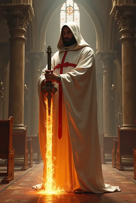  a friar in the white robe with a red cross from a church with a hood on , They have their hand a burning sword stuck in the ground inside the church