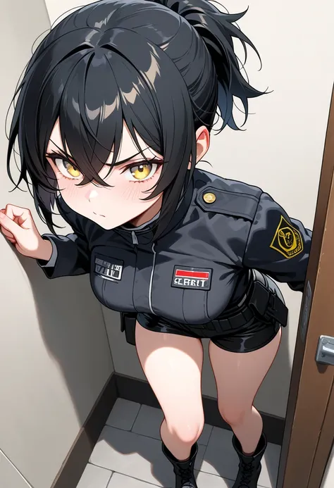 (NSFW, masterpiece, best quality, amazing quality, very aesthetic, (detailed eyes)\), ((secret laboratory)), 1girl \(Black hair, short hair, crossed bangs, short Ponytail, PDI agent, yellow eyes, medium breasts, black jacket, black shorts, boots\), (from a...