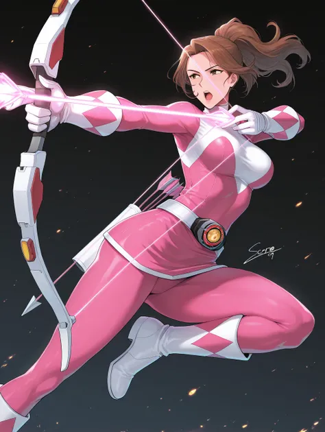 1girl,solo,aiming,medium breasts,open mouth,science fiction,signature,lips,pink power ranger,belt,white gloves,white boots,pink bodysuit,ponytail,holding bow \(weapon\),bow \(weapon\),arrow \(projectile\),
masterpiece,best quality,amazing quality,very aest...