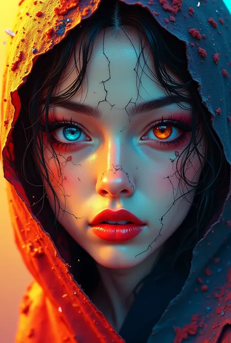 abstract photorealistic ink image in vivid, surreal colour glitch gradient, gold, red and blue colour scheme, a captivating female ninja warrior, detailed hazel eyes, red lips, her face cracked into fractal plates