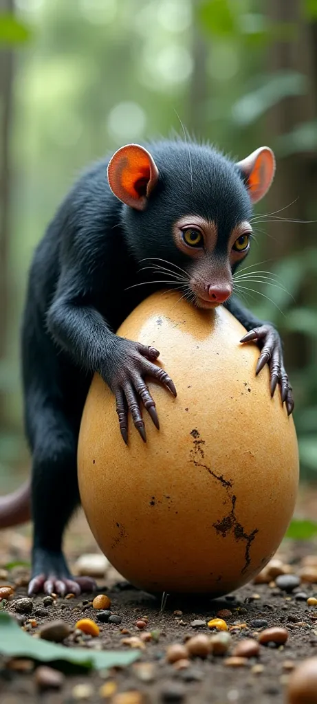 A fusion of a rat and a monkey eating a big, fat eggshell with a monkey's face, black fur and big claws