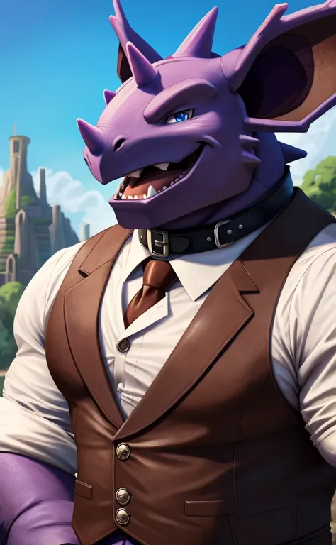 Solo, Male, close up, fat, musclegut, obese, steampunk, 1920s gentleman, dapper Nidoking, tilting head down, blue eyes, wearing a big leather collar around his neck, (soft shading), 4k, hi res, ((detailed face, detailed)), looking at viewer, evil grin, col...