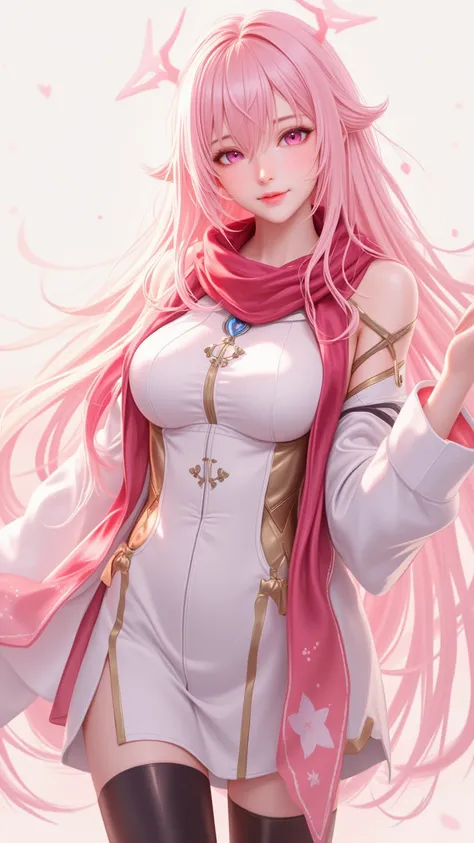  Draw an illustration of a girl with delicate eyes and reflected light in an anime style，With long pink hair 、 pink eyes and a charming smile ， Wearing a white outfit with a red scarf 、 Black thigh boots and a light red touch 。