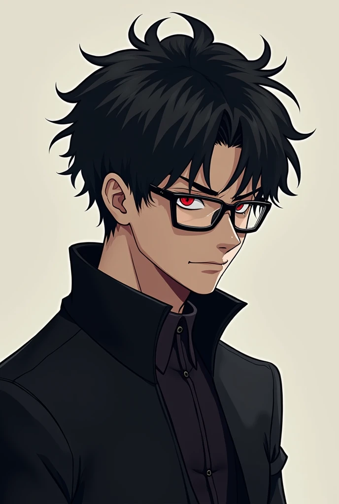 A Roblox character with black hair, glasses and red eyes that looks like Sung Jin Woo