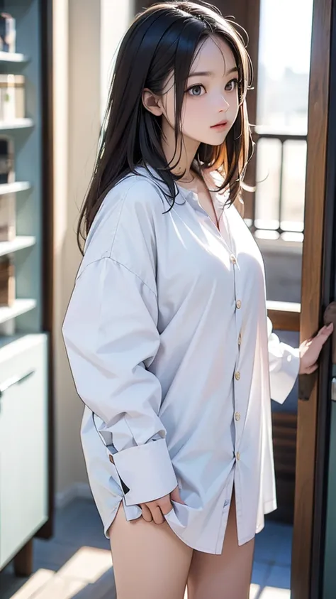 Full body portrait、Woman wearing a plain white button-up dress shirt。VERY REALISTIC REALISTIC SHIRT 。Shirts are oversized for men。 all she wears is a shirt。She doesn't wear anything on her lower body :1.5。 are standing。 The background is indoor。The backgro...