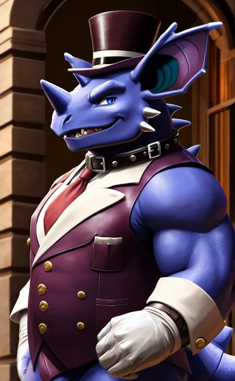 Solo, Male, close up, fat, musclegut, obese, steampunk, 1920s gentleman, dapper Nidoking, tilting head down, blue eyes, wearing a big leather collar around his neck, (soft shading), 4k, hi res, ((detailed face, detailed)), looking at viewer, evil grin, col...