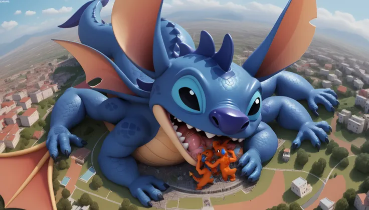  score_9,  score_8_above,  score_8, 1 , st1tch ,  black eyes,  antenas, spyro's tail with scales, thick tail, multiple arms, 4 arms, Macro, ((oral vore)), open mouth