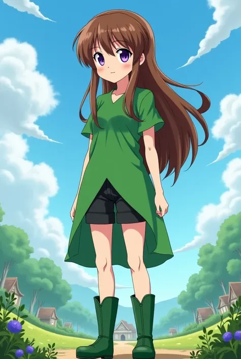 Screenshot of Nanatsu no Taizai of a 16-year-old woman of the GIANT race measures 9 meters with long brown hair with purple eyes she wears a green dress underneath she has black shorts she wears long green boots she is in a village in Britain she takes awa...