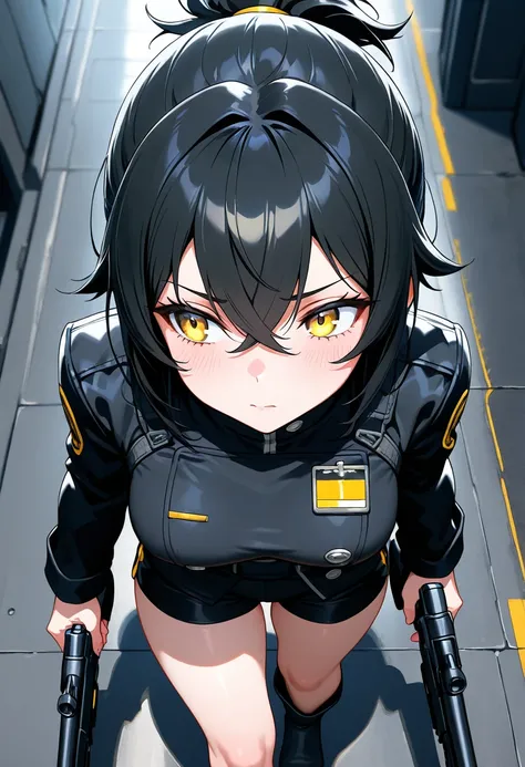 (NSFW, masterpiece, best quality, amazing quality, very aesthetic, (detailed eyes), cinematografic\), ((secret laboratory)), 1girl \(Black hair, short hair, crossed bangs, short Ponytail, PDI agent, yellow eyes, medium breasts, black jacket, black shorts, ...