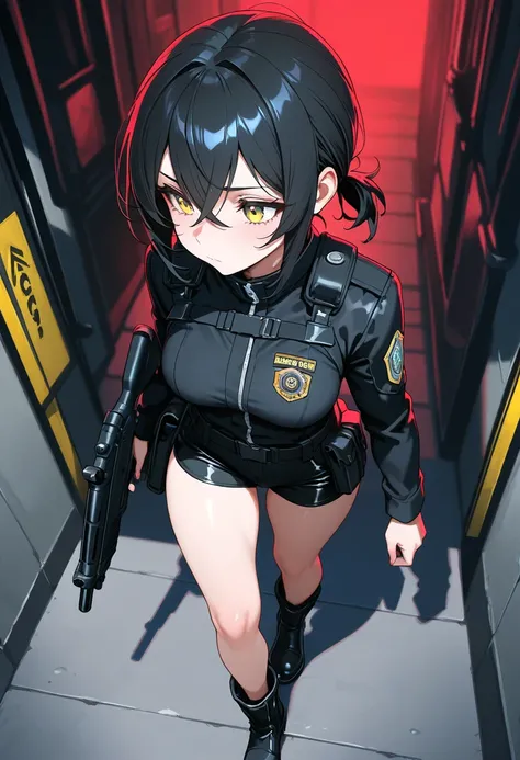 (NSFW, masterpiece, best quality, amazing quality, very aesthetic, (detailed eyes), cinematografic\), ((secret laboratory)), 1girl \(Black hair, short hair, crossed bangs, short Ponytail, PDI agent, yellow eyes, medium breasts, black jacket, black shorts, ...