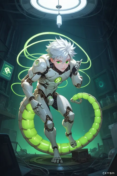  The boy is made of white BT-14 titanium alloy .  This alloy provides it with high hardness and flexibility , has a white body ,  that protects the inner endoskeleton  .  He has glowing neon green eyes and glowing silver hair .  The body has a unique necro...