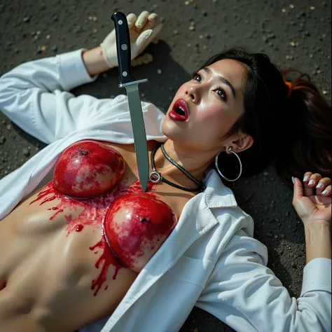 Gorgeous asian woman, with ponytail, hoop earrings, choker, huge oversized breasts that have large red liquid handprints with white lab coat that's been ripped open. She is lying on her back of floor of gravel ground. She has a large knife blade lodged int...