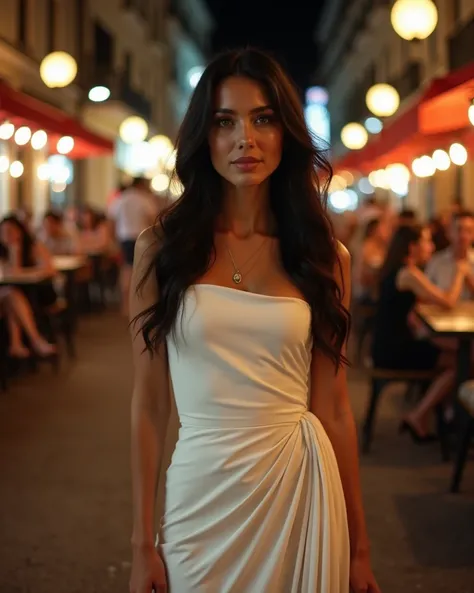  A stunning woman stands out in the city's bohemian night at the end ,  wearing an elegant fitted white dress ,  with one shoulder and a draped detail that slides smoothly down the side .  Her fair skin reflects the glare of urban lights ,  while her penet...