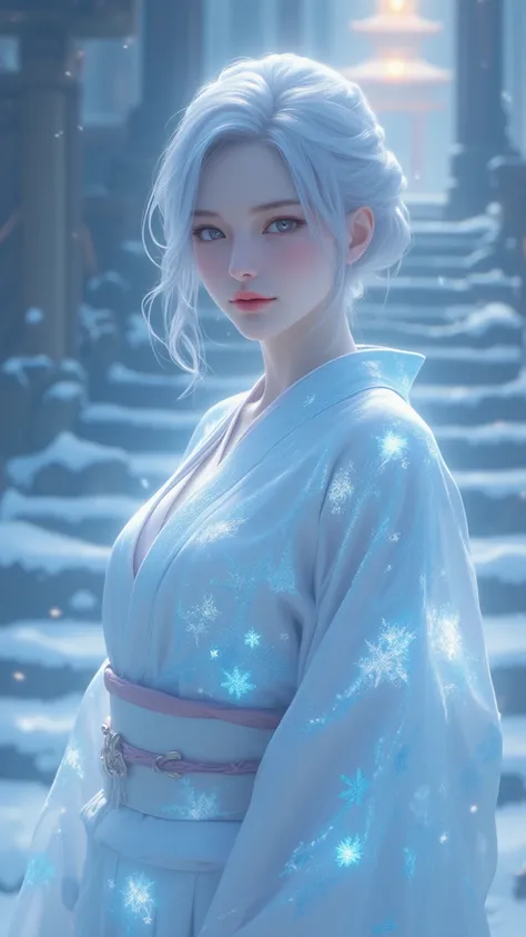  A stunning masterpiece ， shows a mature woman ，ice blue eyes， Snow-silver hair ， lips and pale skin ， wearing a snow-themed glowing kimono。 scene including drifting snow ，Staircase and temple 。