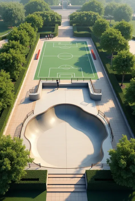 Create a model of a plaza in a suburb with a skate ramp and soccer court