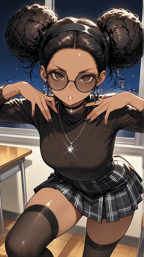 1Girl, Mature, Ebony, African American, Dark Skin, Jet Black Hair, Afro, Double Bun, Shiny Hair, Bright Brown Eyes, Black Nails, Dark Brown Eye Shadow, Medium Chest, Brown Turtleneck Shirt, Black Circular Glasses , Black Plaid Skirt, Black High-Thigh Socks...