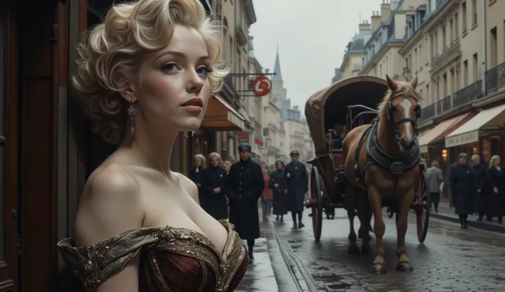 masterpiece, best quality, (dark photo:1.3), photorealistic, realistic skin texture, wearing a baroque dress, a corset, a huse breast and charming woman, Sweet, Pretty, , lost in though,19th century, with wagon on the street in downtown Paris, realistic mo...