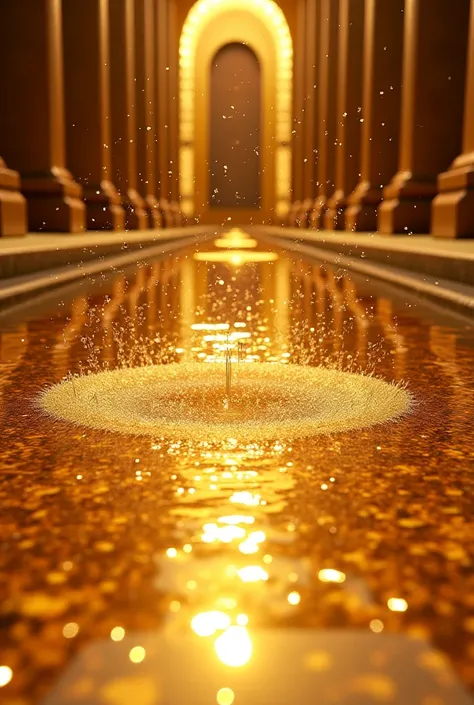 In a magnificent room, there is a beautiful, clear pool filled with gold leaf. In the pool, there is a beautiful golden pool filled with gold flowing and splashing, as if it were outside. Please describe it in detail, as if it were natural.