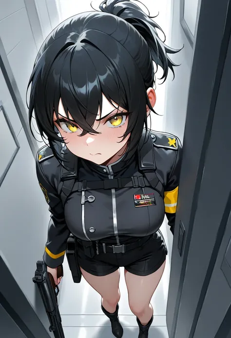 (NSFW, masterpiece, best quality, amazing quality, very aesthetic, (detailed eyes)\), (laboratory), 1girl \(Black hair, short hair, crossed bangs, short Ponytail, PDI agent, yellow eyes, medium breasts, black jacket, black shorts, boots\), (from above: 1.2...