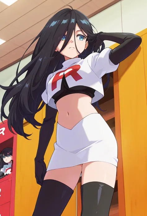 best quality, masterpiece
BREAK
1girl, natsukohirose, black hair, long hair, blue eyes,
team rocket,team rocket uniform,white skirt,red letter R,crop top,black thigh-highs,black elbow gloves, cowboy shot,
indoors