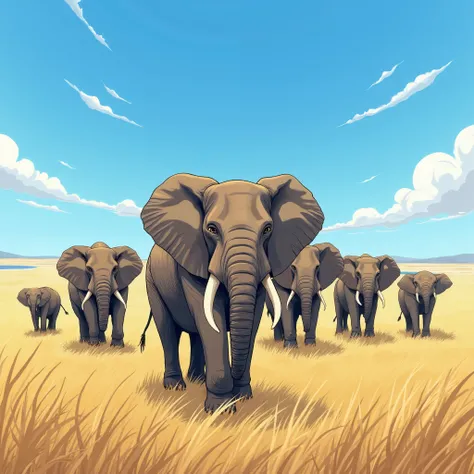 "Create an anime-style image of a majestic herd of elephants in the heart of the vast savanna. The scene should be rich in detail, capturing the golden hues of the dry grass gently swaying with the wind. The sky is a clear, vibrant blue, with only a few wi...