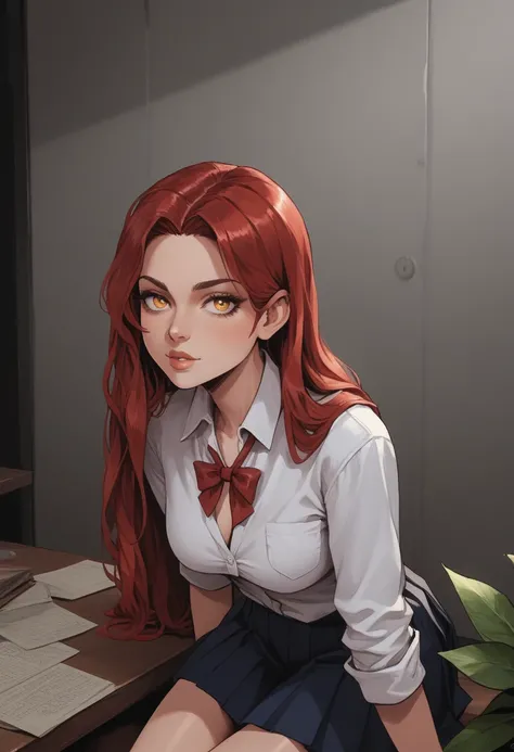 a sexy girl,  Long hair , seeds,  of a jet black color with tips dyed crimson red, amber eyes, pale skin, modified school uniform :  unbuttoned white shirt just enough for ,  short pleated skirt ,  loose tie and high school jacket hanging , That I'm a musl...