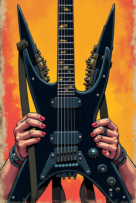 a V-shaped guitar, with ammunition belts around it and female hands with bracelets holding it, old hero comics style