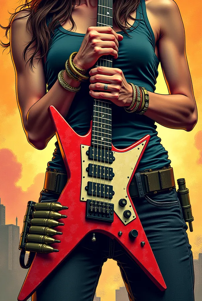 a V-shaped guitar, with ammunition belts around it and female hands with bracelets holding it, old hero comics style