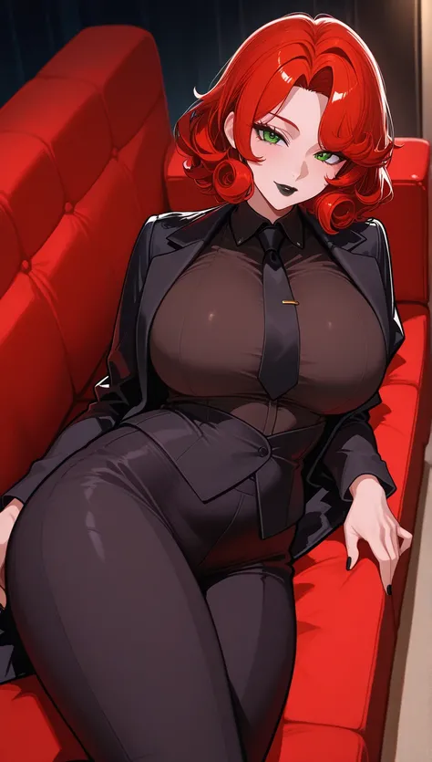  score_9,score_8_above,score_7_above, score_6_above,  source _anime, 1 mature _fe, Only 1 woman,   lying on a red couch  ,   Seductive look,    red hair,  Short hair,  curly hair ,  thin, ironed hair  ,   green eyes,  plump lips,  black lips, Black lipstic...