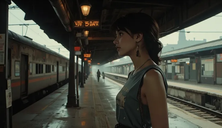 masterpiece, best quality, (dark photo:1.3), photorealistic, realistic skin texture, a sleeveless T-shirt, emotional, a huse breast and charming woman, Sweet, Pretty, Idol, A young woman Waiting for the train on the old train station platform, lost in thou...