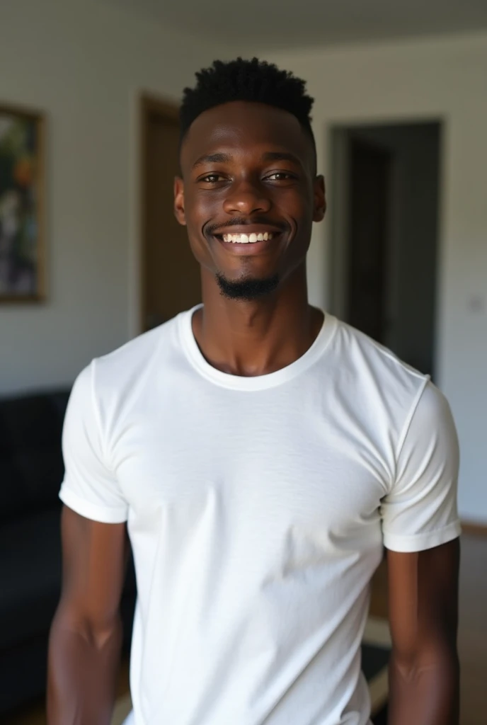 Front face of a 24-year-old black man, handsome.  very short hair,  slim athletic body. Flickering of the face.   Realistic. Wear a slightly tight white t-shirt.  His full face and head and part of his chest are shown. in a room of a house. A serious frien...