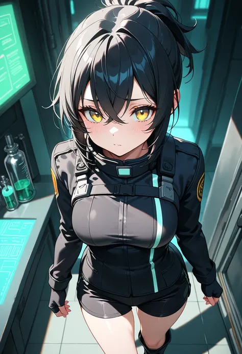 (NSFW, masterpiece, best quality, amazing quality, very aesthetic, (detailed eyes), cinematografic\), (laboratory), 1girl \(Black hair, short hair, crossed bangs, short Ponytail, PDI agent, yellow eyes, medium breasts, black jacket, black shorts, boots\), ...