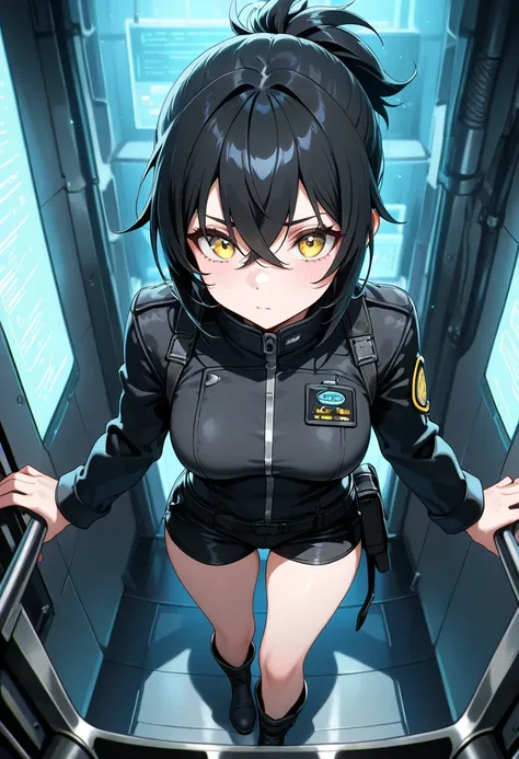 (NSFW, masterpiece, best quality, amazing quality, very aesthetic, (detailed eyes), cinematografic\), (laboratory), 1girl \(Black hair, short hair, crossed bangs, short Ponytail, PDI agent, yellow eyes, medium breasts, black jacket, black shorts, boots\), ...