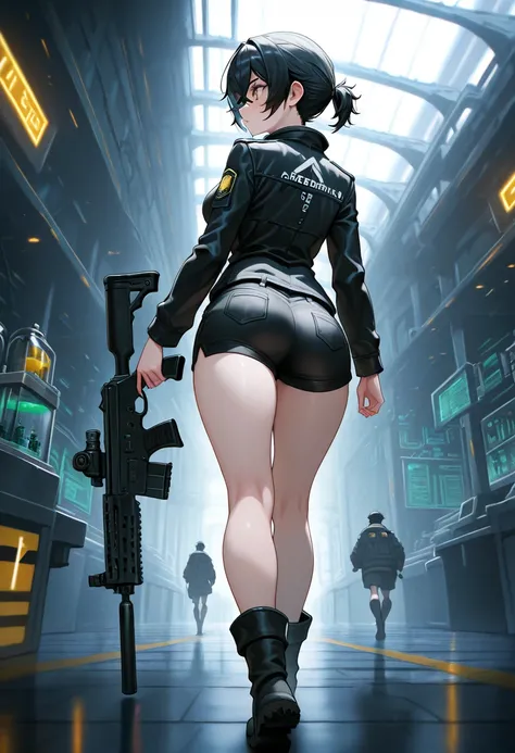 (NSFW, masterpiece, best quality, amazing quality, very aesthetic, (detailed eyes), cinematografic\), (laboratory), 1girl \(Black hair, short hair, crossed bangs, short Ponytail, PDI agent, yellow eyes, medium breasts, black jacket, black shorts, boots\), ...