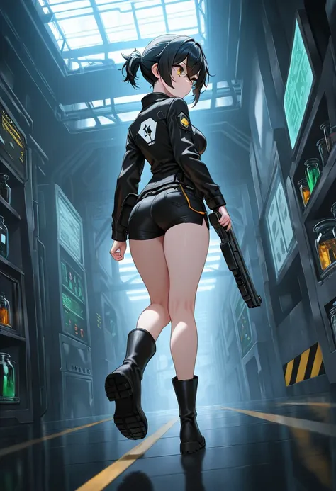 (NSFW, masterpiece, best quality, amazing quality, very aesthetic, (detailed eyes), cinematografic\), (laboratory), 1girl \(Black hair, short hair, crossed bangs, short Ponytail, PDI agent, yellow eyes, medium breasts, black jacket, black shorts, boots\), ...