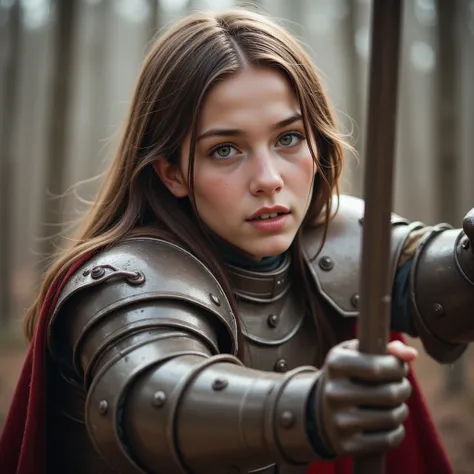 High resolution, masterpiece, photorealistic, a full armored 17-year-old pretty girl with brown long hair, brown eyes, round shape face, gentle look wearing a shiny medieval armour is trampling a defeated soldier with excited expression.