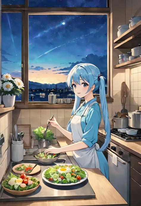  long light blue hair  、   beautiful twin tail girl 、  エプロンを着て笑顔で in the kitchen料理しています、Night view or beautiful kitchen   、I'm making a salad   、   A lot of flowers are displayed by the window   、  anime scene of a woman   in the kitchen with a view of the...