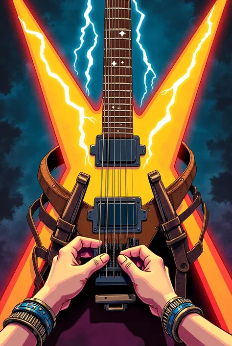  a V-shaped guitar, with ammunition belts around it and female hands with bracelets holding it, and lightning bolts catching the guitar and bracelets, comic book style of old heroes with vibrant colors