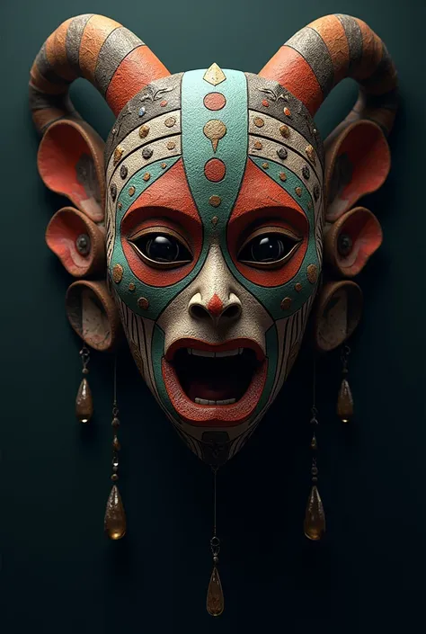 A cultural African mask with GOB shots under of it 