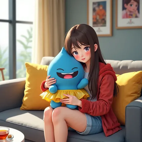 Young Asian woman with long straight brown hair and fair skin,blushing, adorably blushing as she sits comfortably in a modern living room while holding a blue slime plush doll that has a yellow glittering tutu, casual attire with light blue denim shorts an...