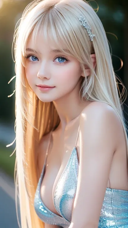 Blonde hair dancing in strong winds interferes with her cute innocent young face、Sexy big boobs、 cute little beautiful face at age 16 、Shiny bright straight super long blonde hair、Cute and beautiful long, silky bangs that cover the space between the eyes、L...