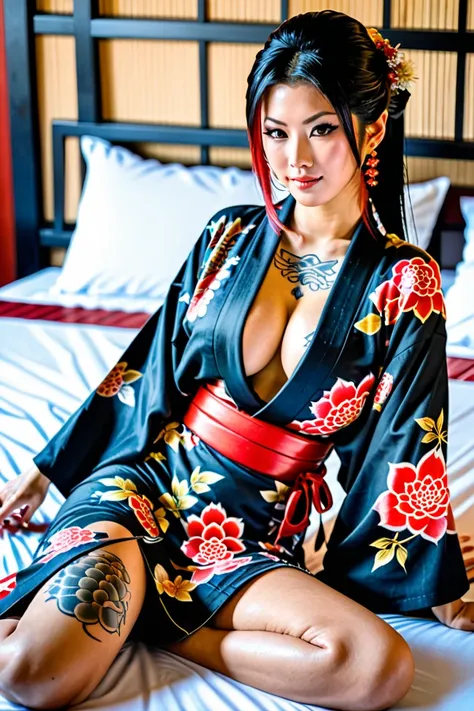 Sexy yakuza girl(18, Japanese tattoos, laying on a Japanese bed, kimono spread open)